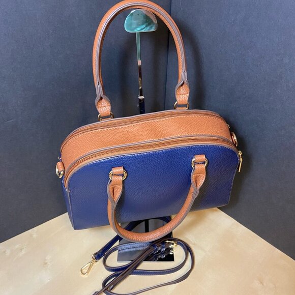 Anne Klein Navy & Cognac Pebbled Satchel with Crossbody Strap - Picture 3 of 9